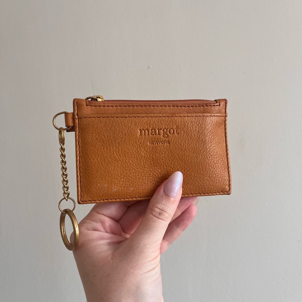 Margot NYC Brown Leather Card Pouch with Gold Chain